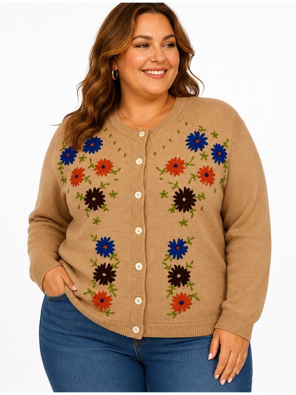 Lane Bryant Cardigan Sweater Vintage 70’s Embroidered Flowers Buttons 44 (1x)